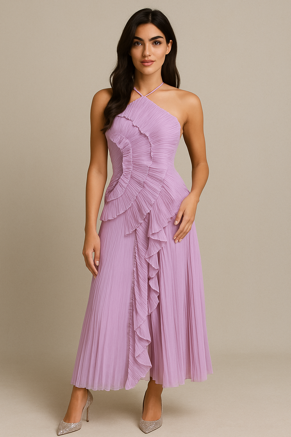 Ruffled Backless Halter Maxi Dress with Front Split – Elegant Evening Wear