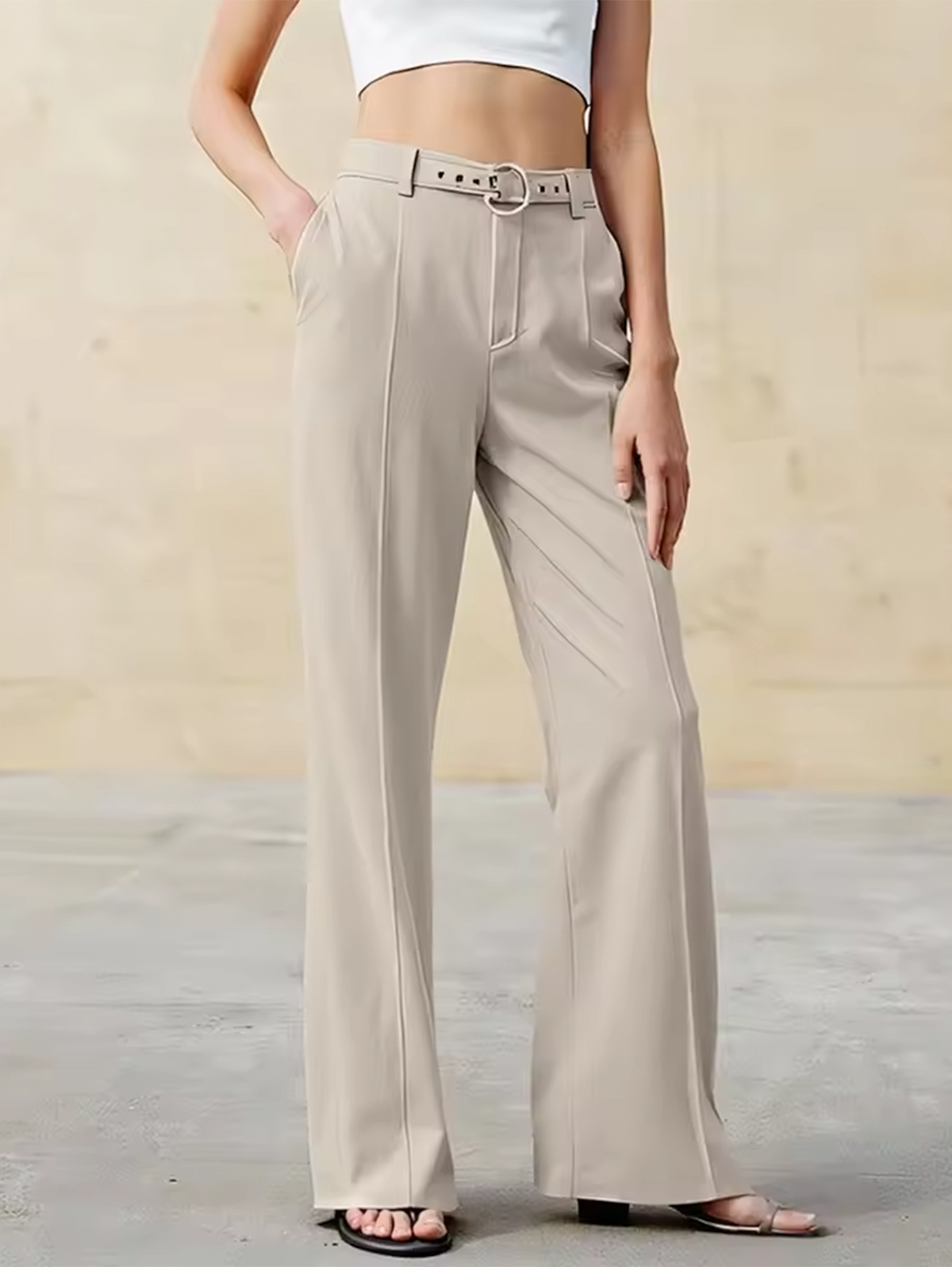 High Waist Pants with Belt Buckle Detail