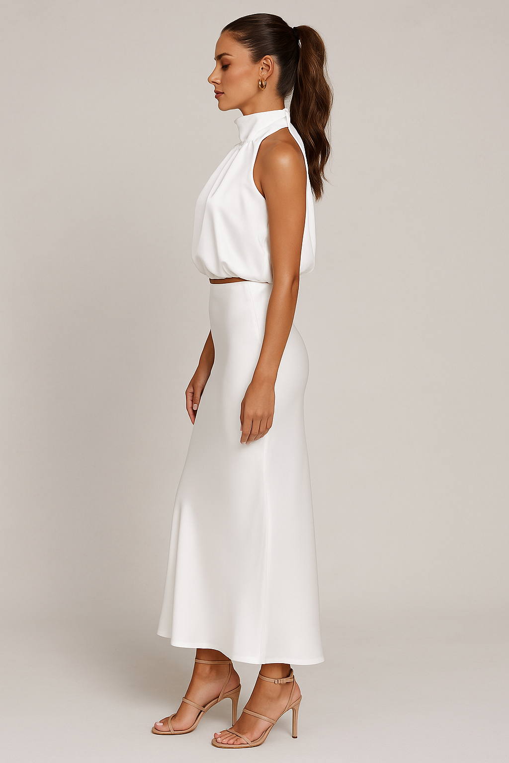 Co-ord Satin Maxi Skirt Set Cowl Neck
