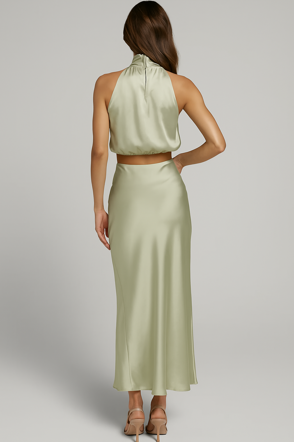 Co-ord Satin Maxi Skirt Set Cowl Neck