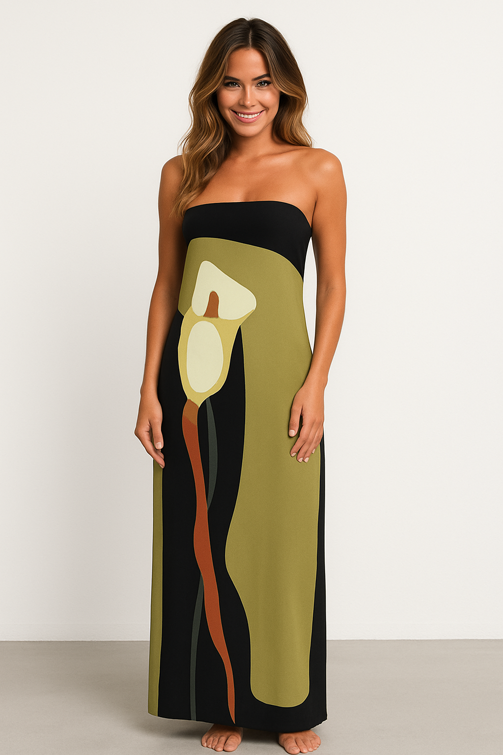Printed Strapless Zip-Up Maxi Dress