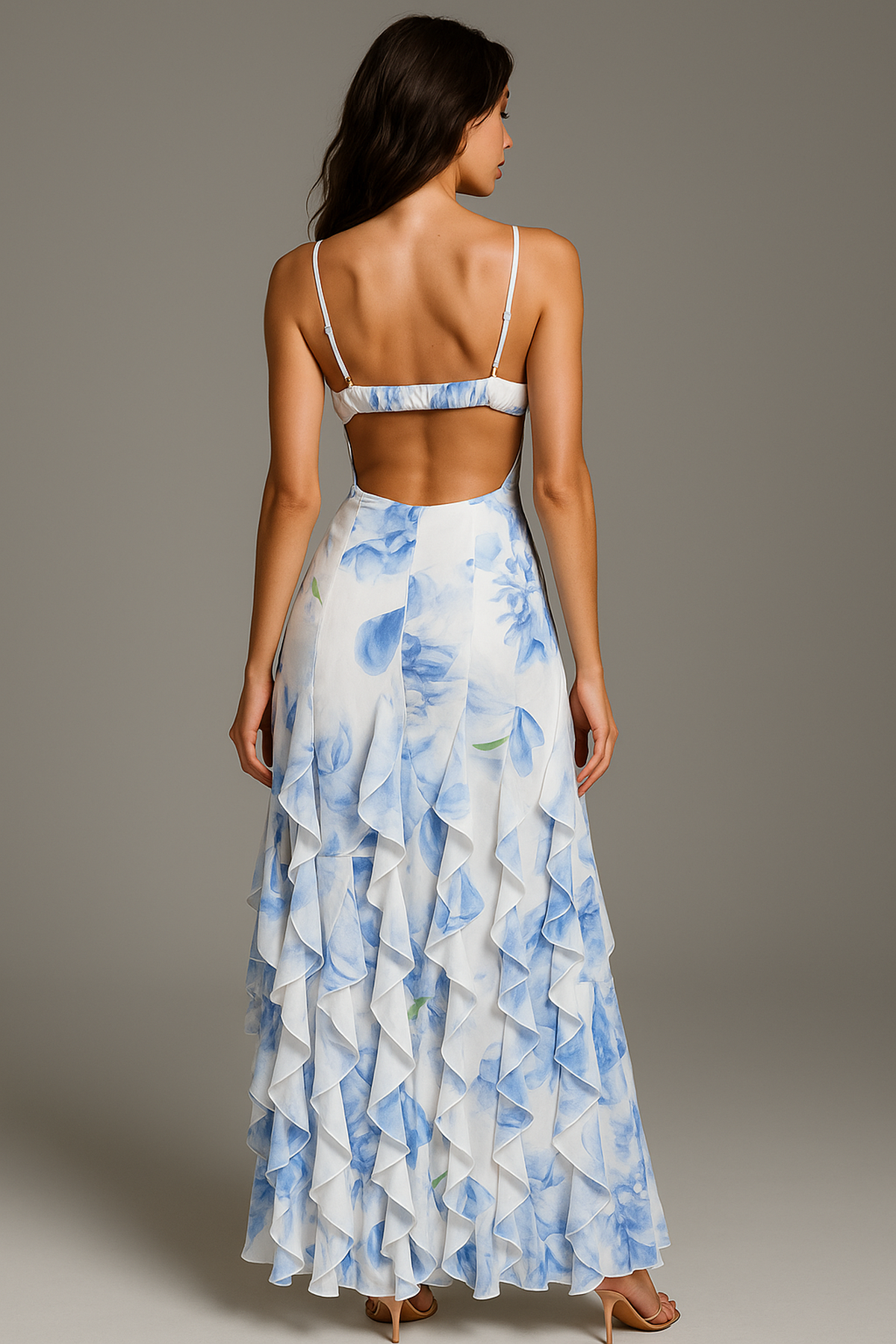 Fawn Elegant Floral Ruffle Maxi Dress