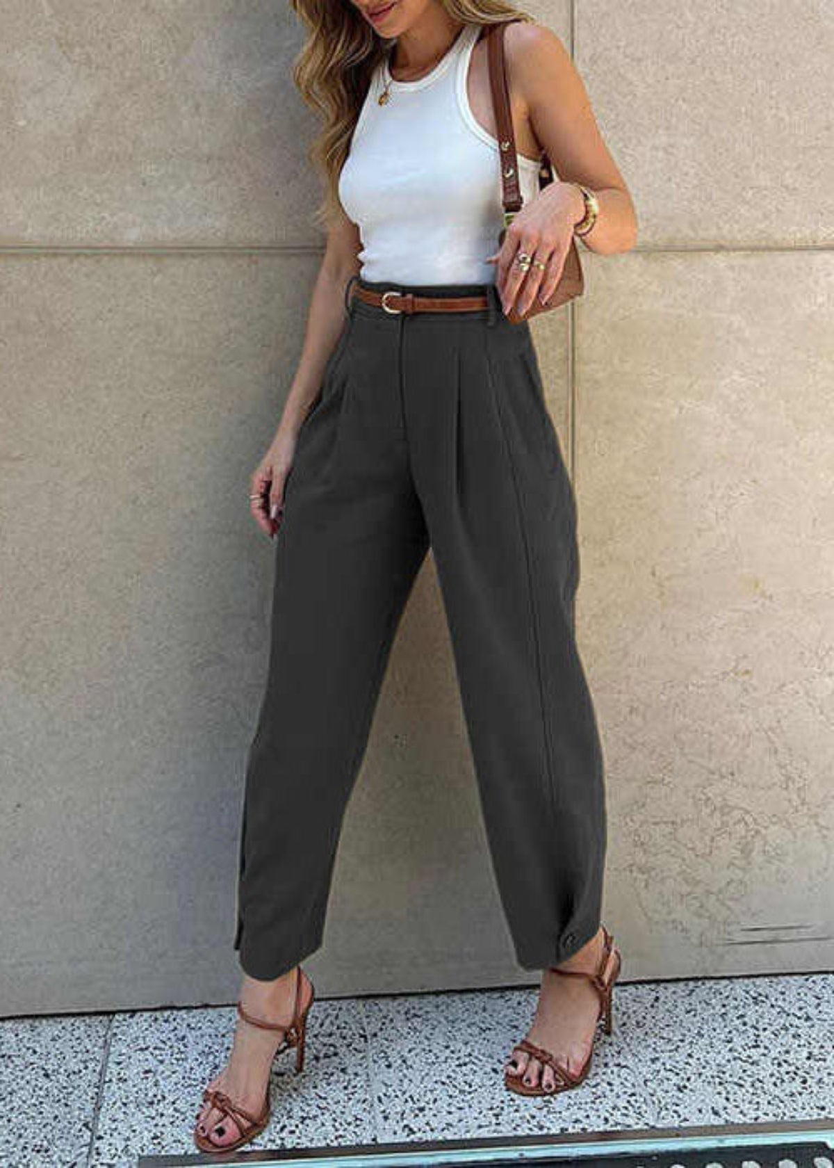 Pleated High Waist Buttoned Cropped Pants