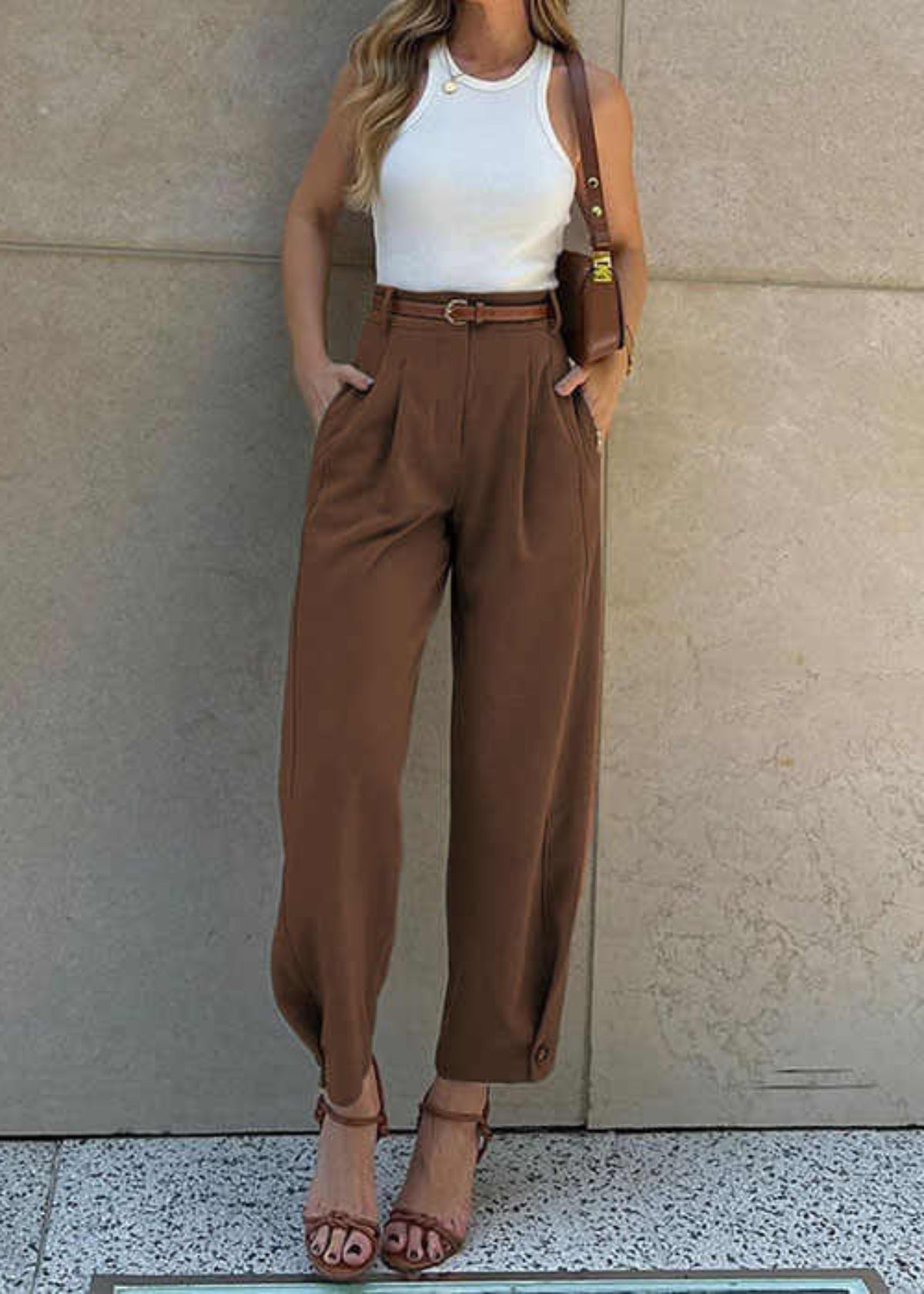 Pleated High Waist Buttoned Cropped Pants