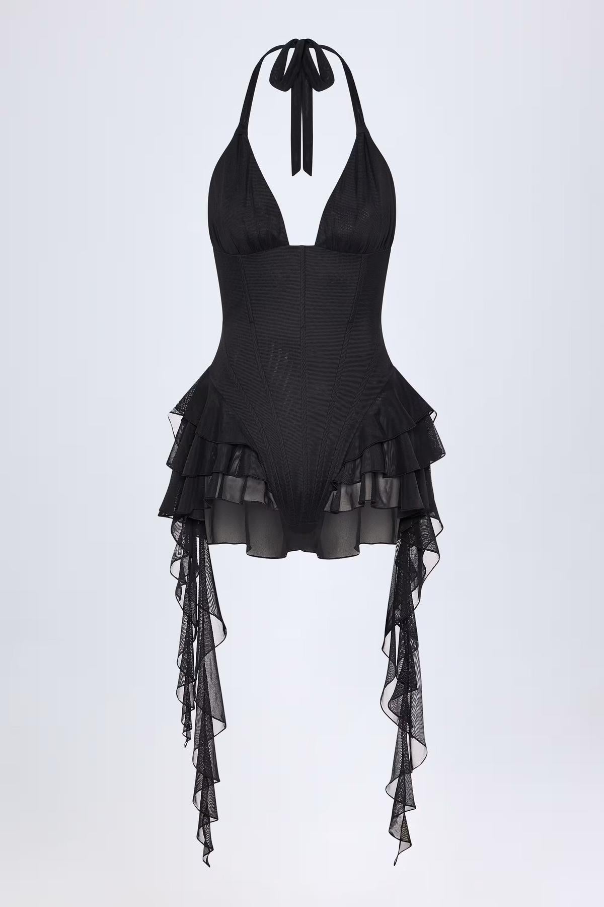 Plunge Lace-Up Mesh Bodysuit With Ruffle Hem – Festival & Summer Party Wear
