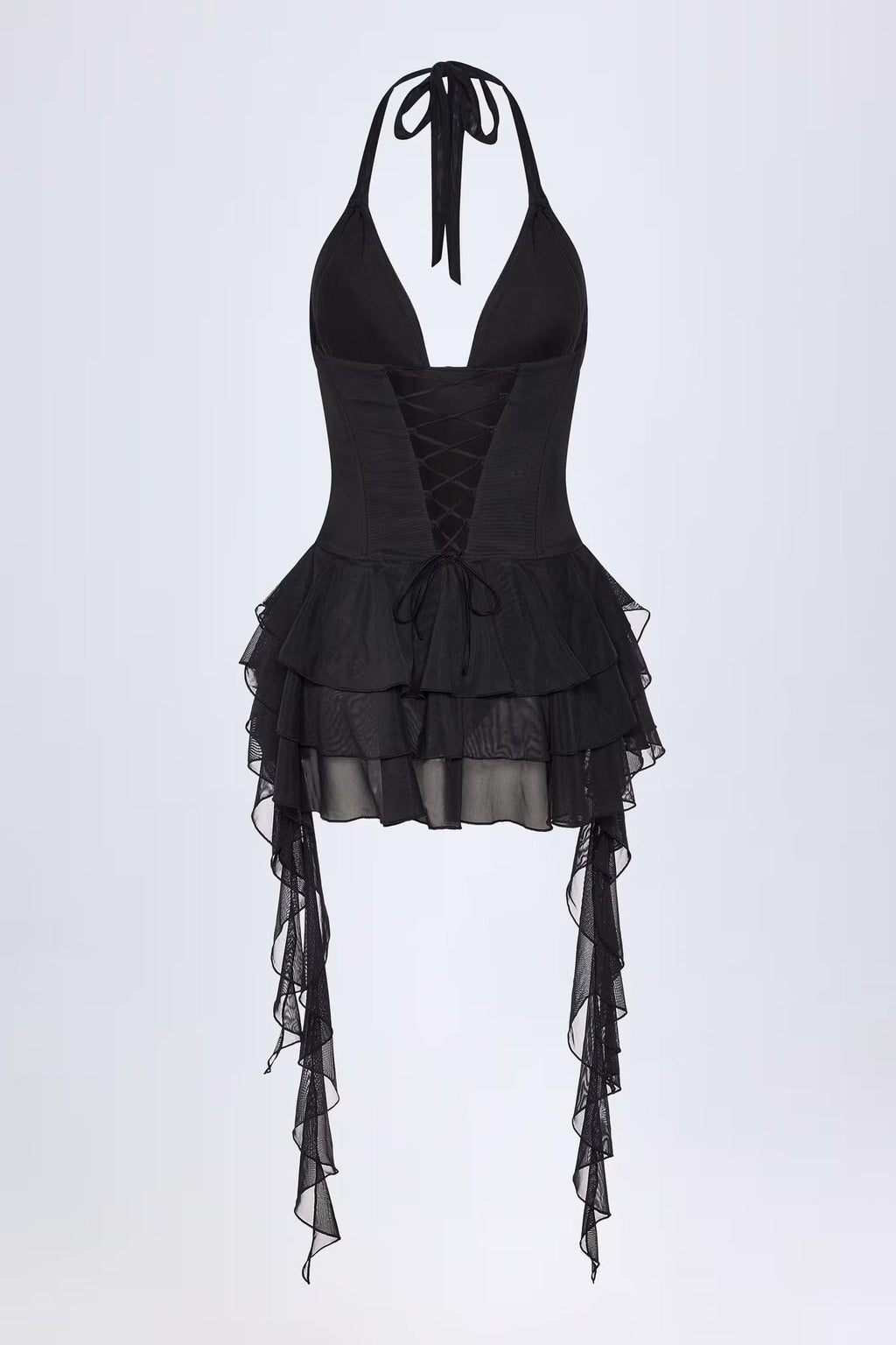 Plunge Lace-Up Mesh Bodysuit With Ruffle Hem – Festival & Summer Party Wear