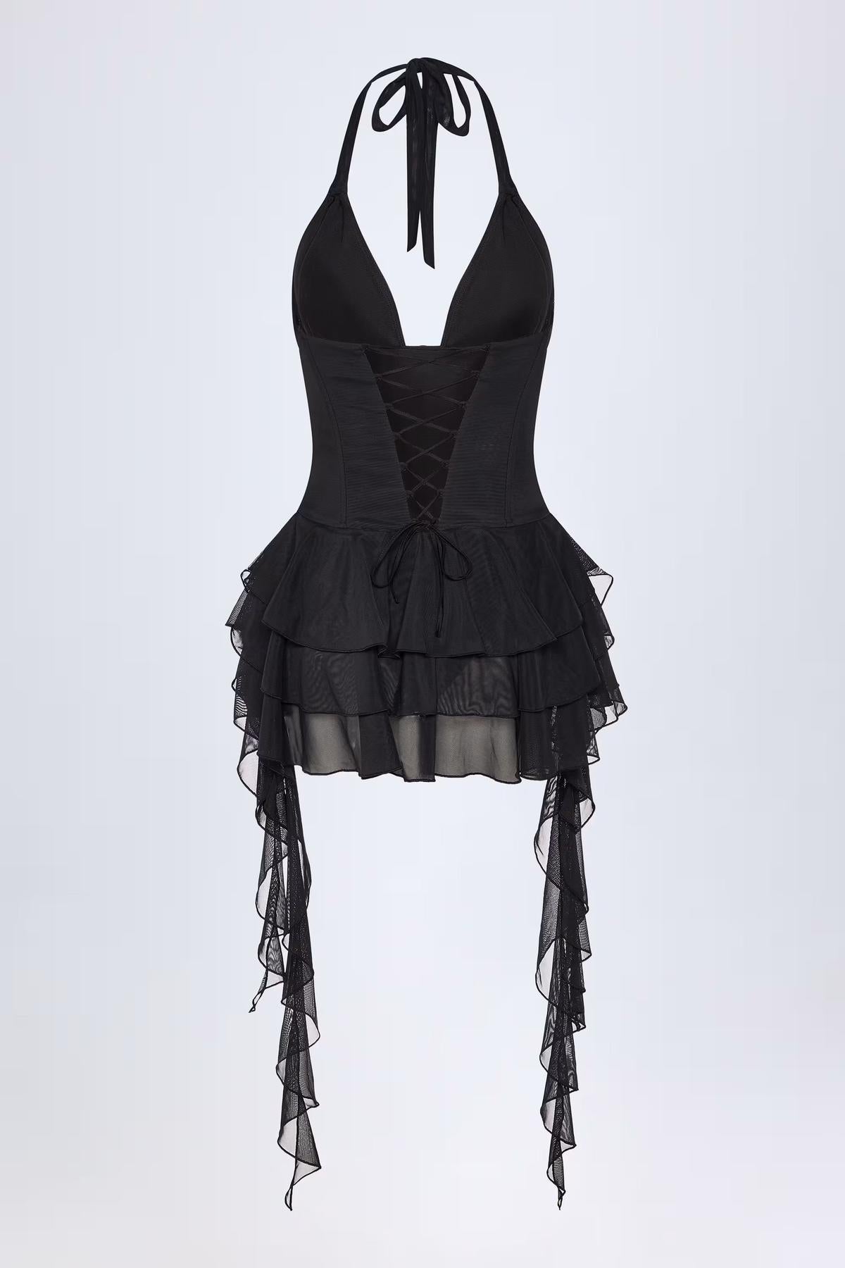 Plunge Lace-Up Mesh Bodysuit With Ruffle Hem – Festival & Summer Party Wear