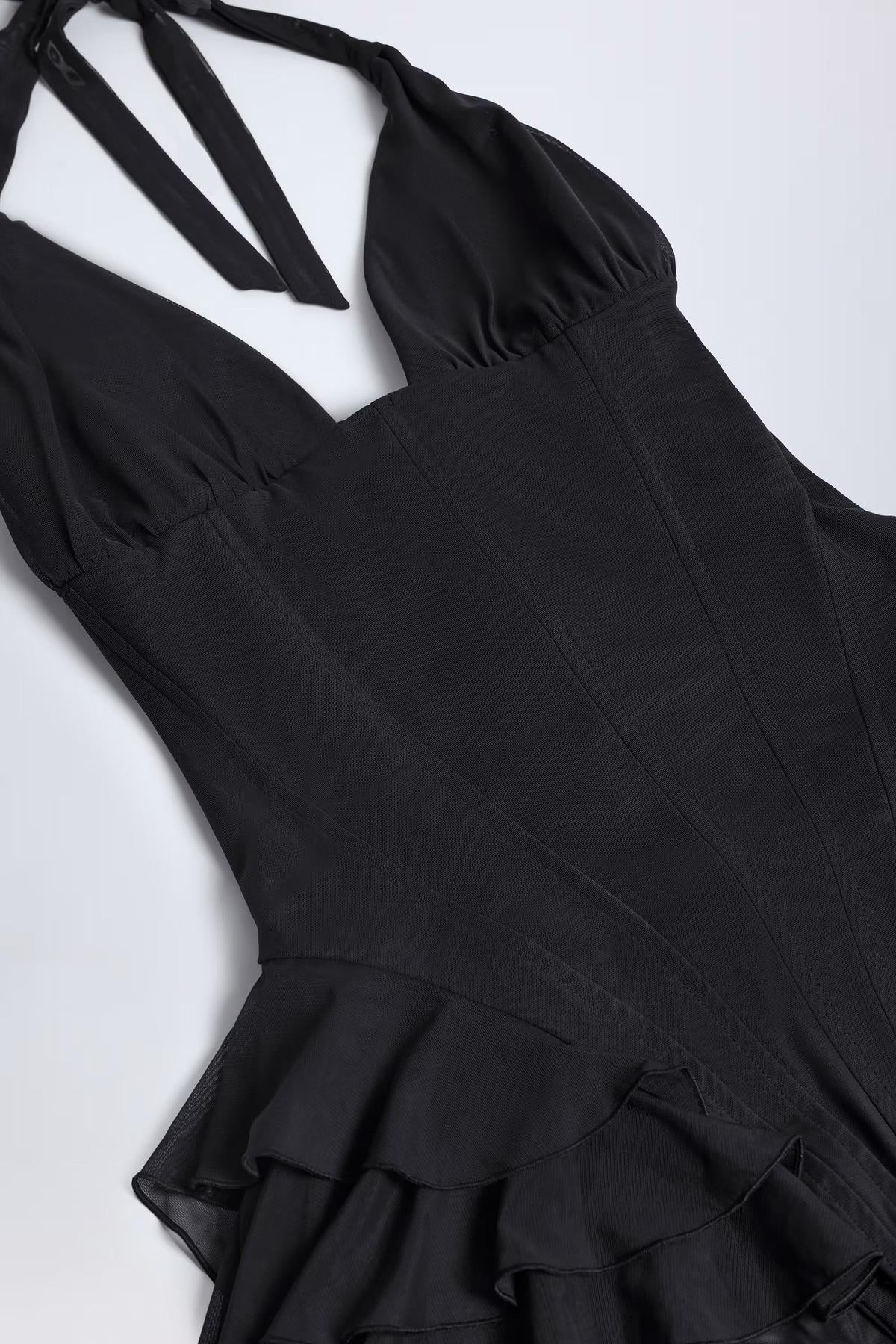 Plunge Lace-Up Mesh Bodysuit With Ruffle Hem – Festival & Summer Party Wear