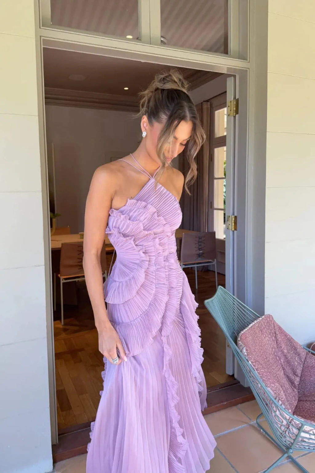 Ruffled Backless Halter Maxi Dress with Front Split – Elegant Evening Wear