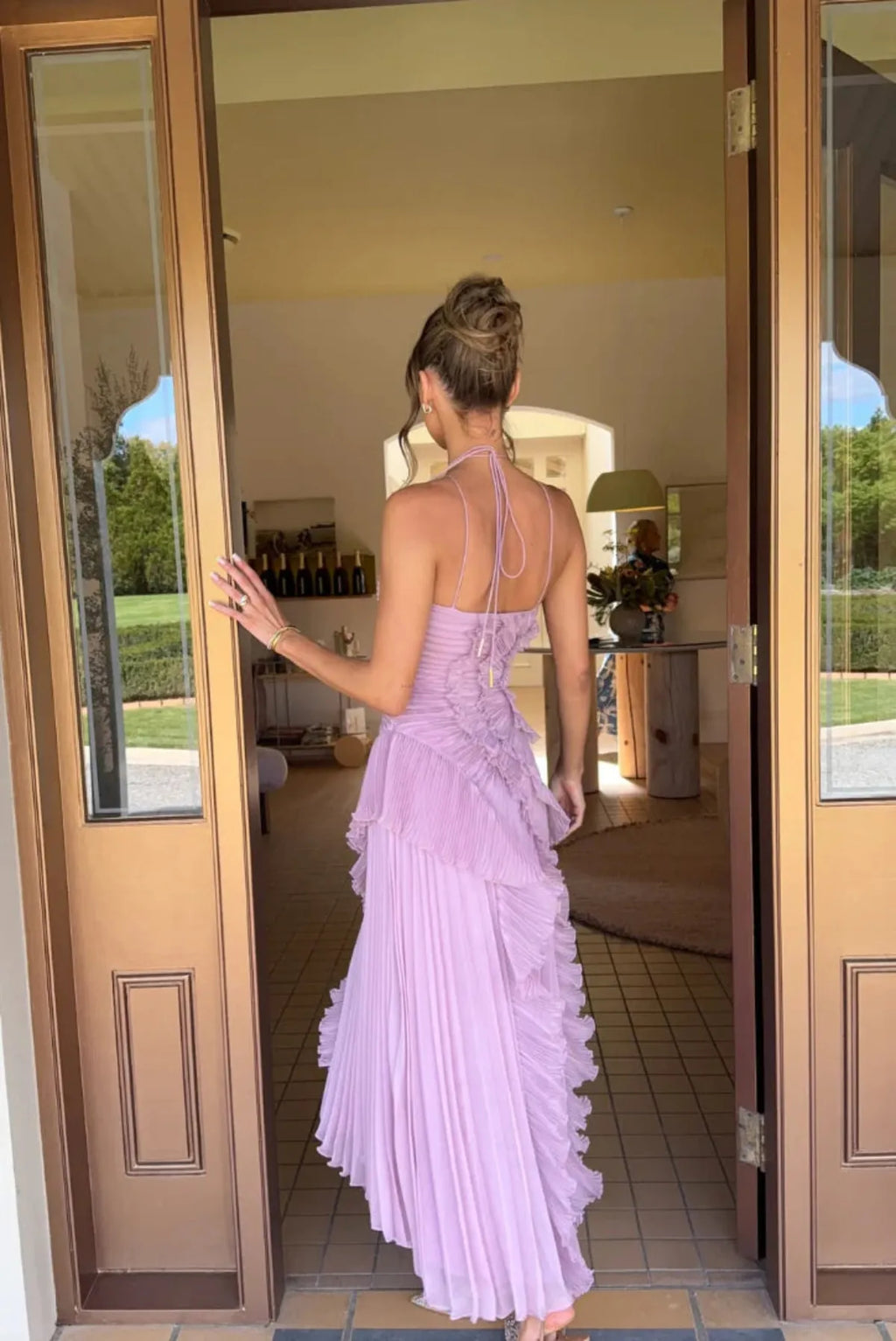 Ruffled Backless Halter Maxi Dress with Front Split – Elegant Evening Wear