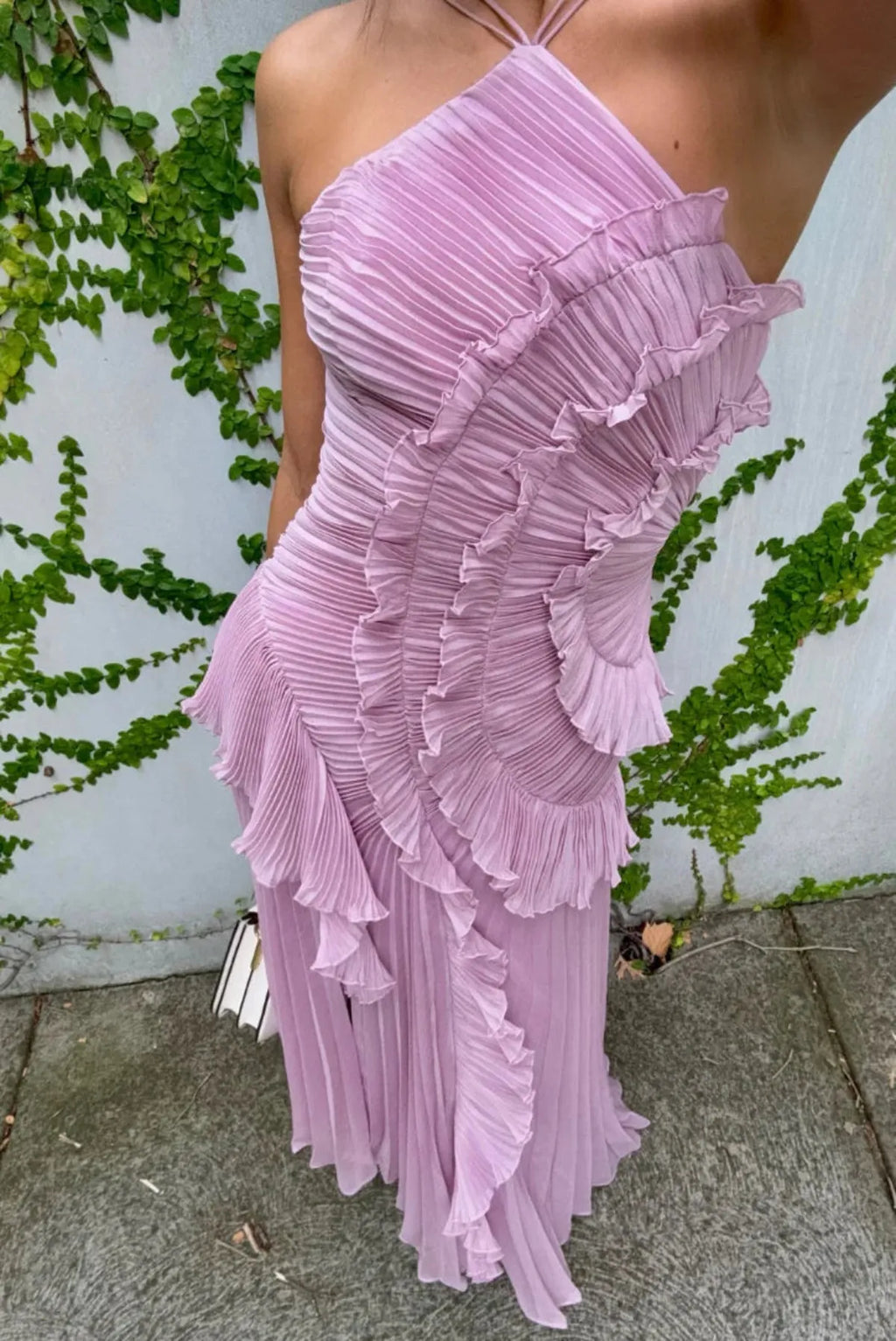 Ruffled Backless Halter Maxi Dress with Front Split – Elegant Evening Wear