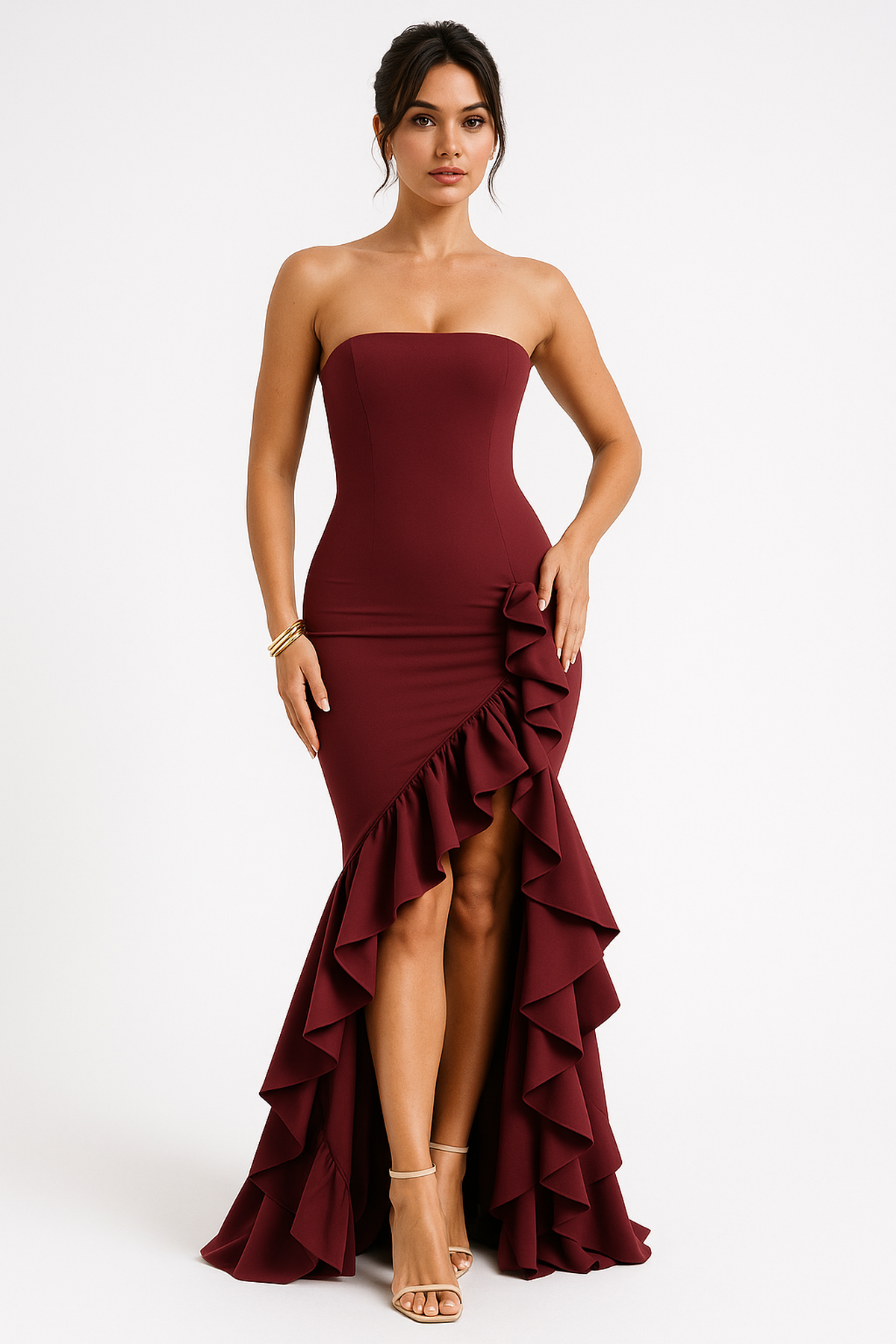 Strapless Off-Shoulder Ruffle Slit Maxi Dress – Evening Party & Clubwear