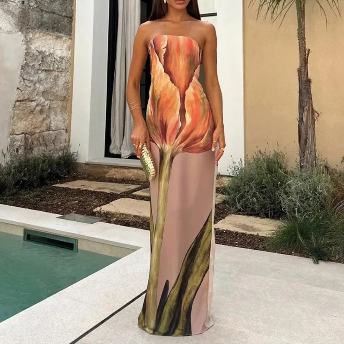 Printed Strapless Zip-Up Maxi Dress