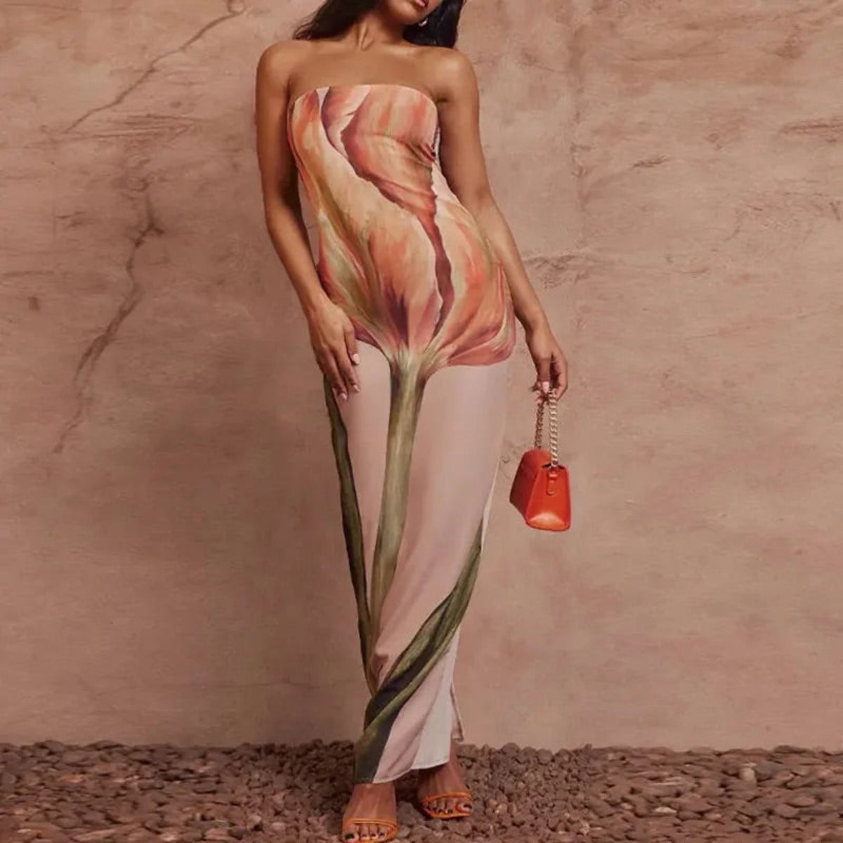 Printed Strapless Zip-Up Maxi Dress