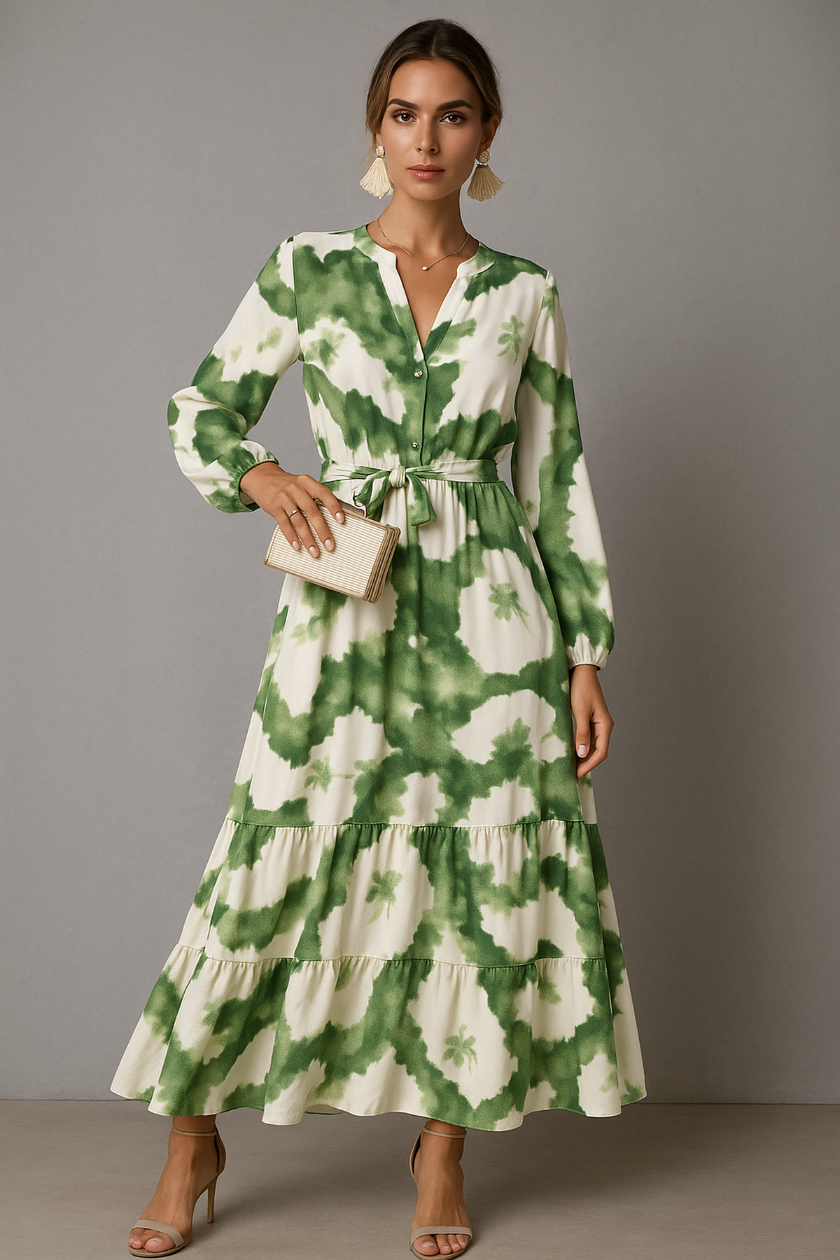 Long-Sleeve V-Neck Flowing Maxi Dress