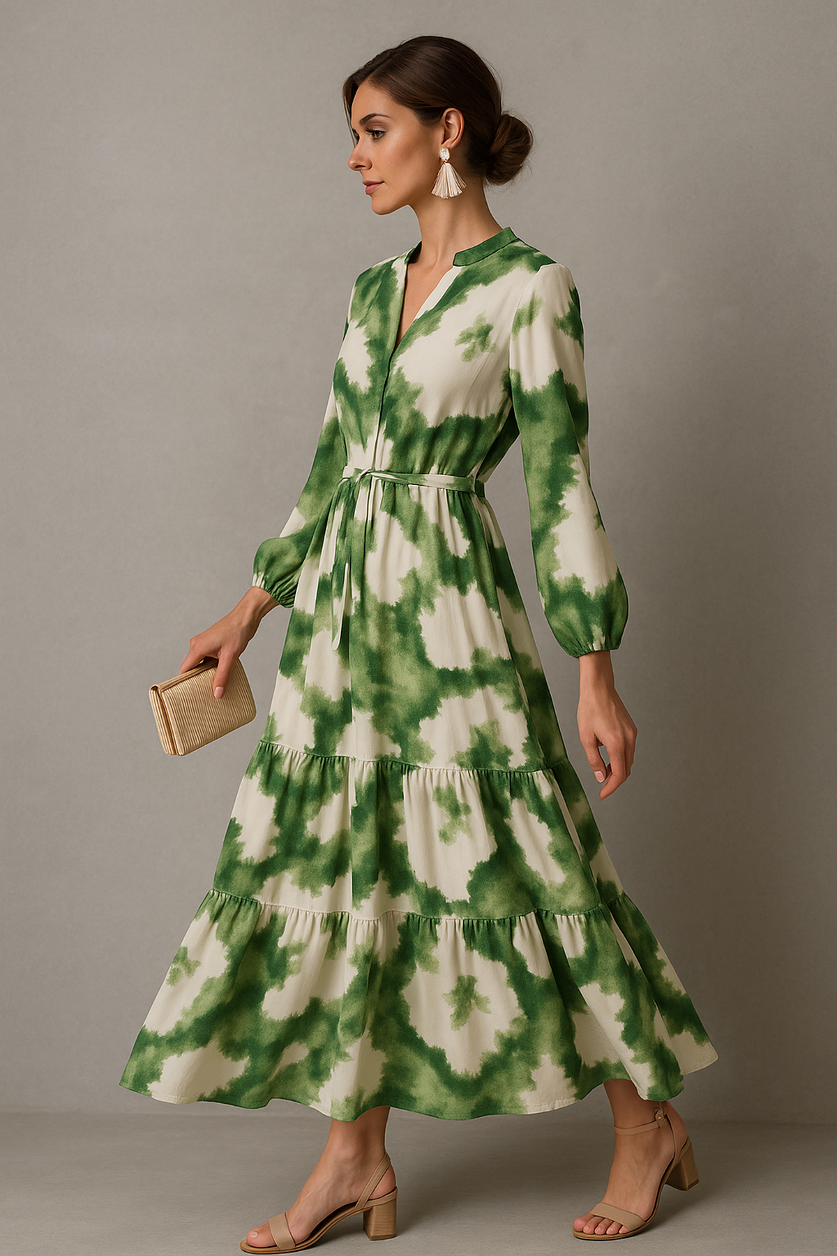 Long-Sleeve V-Neck Flowing Maxi Dress
