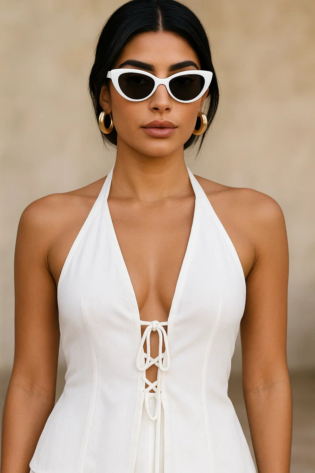 Halter Lace-Up Crop Top and High-Waisted Shorts Set
